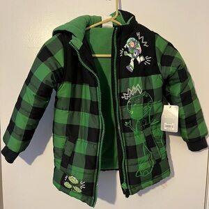 Disney Buzz Lightyear Vibrant Green and Black Checkered Winter Coat
